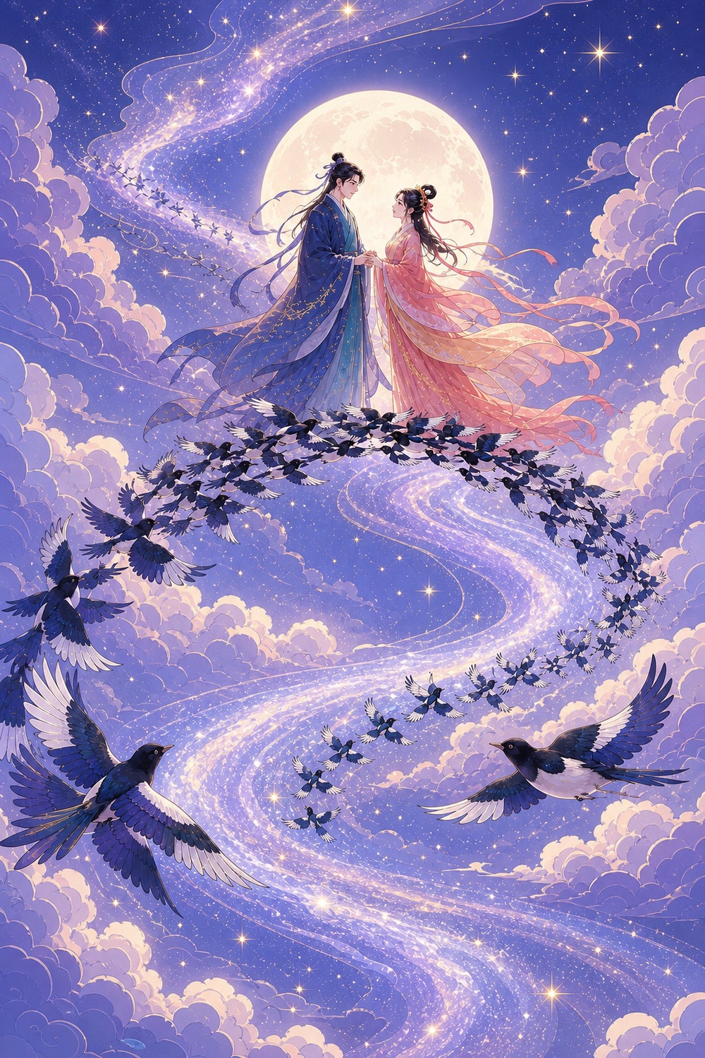Niulang and Zhinü reunited above a sweeping bridge of magpies across the Milky Way