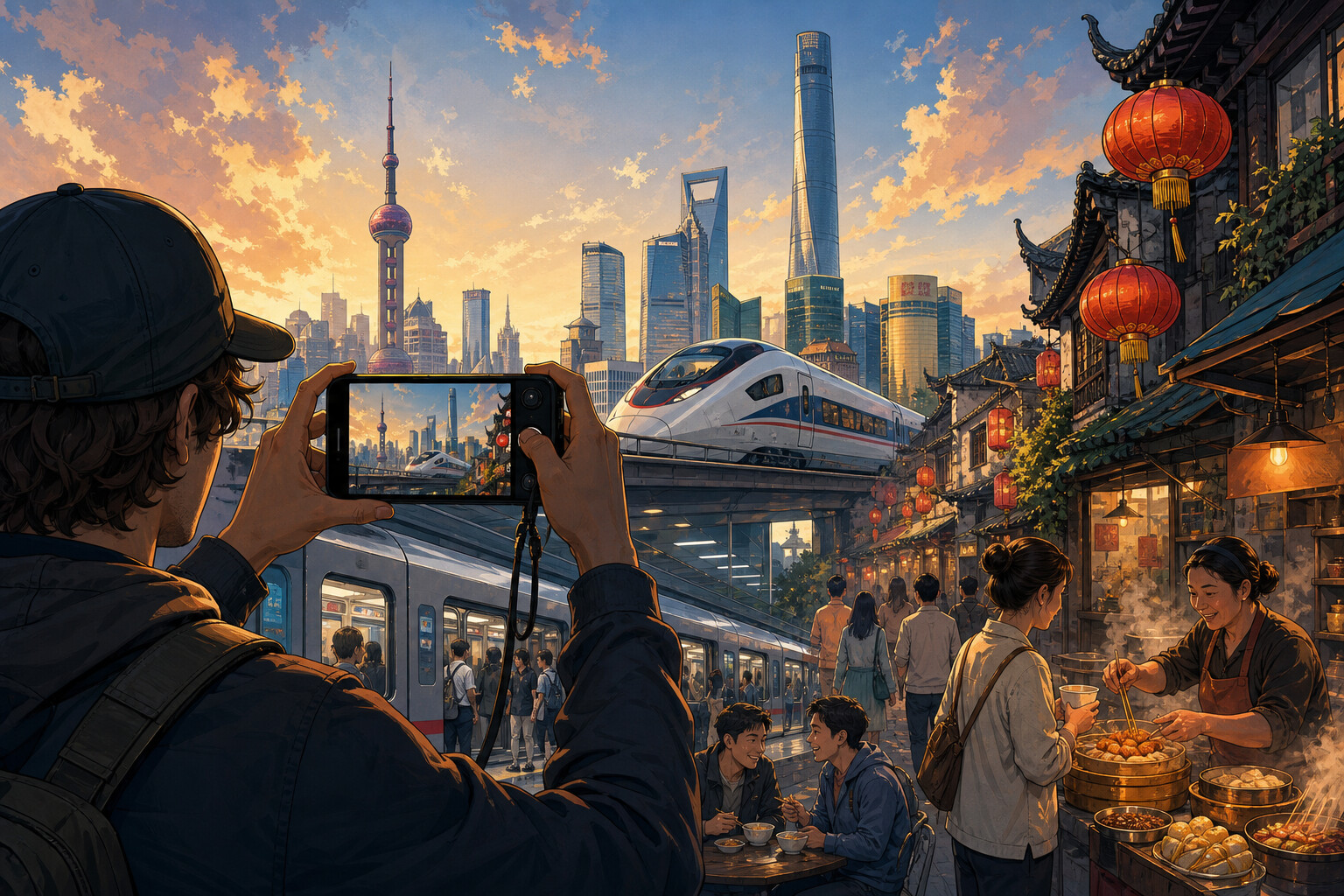 Illustrated travel creator filming Shanghai, a high-speed train, a metro and a lantern-lit street in China