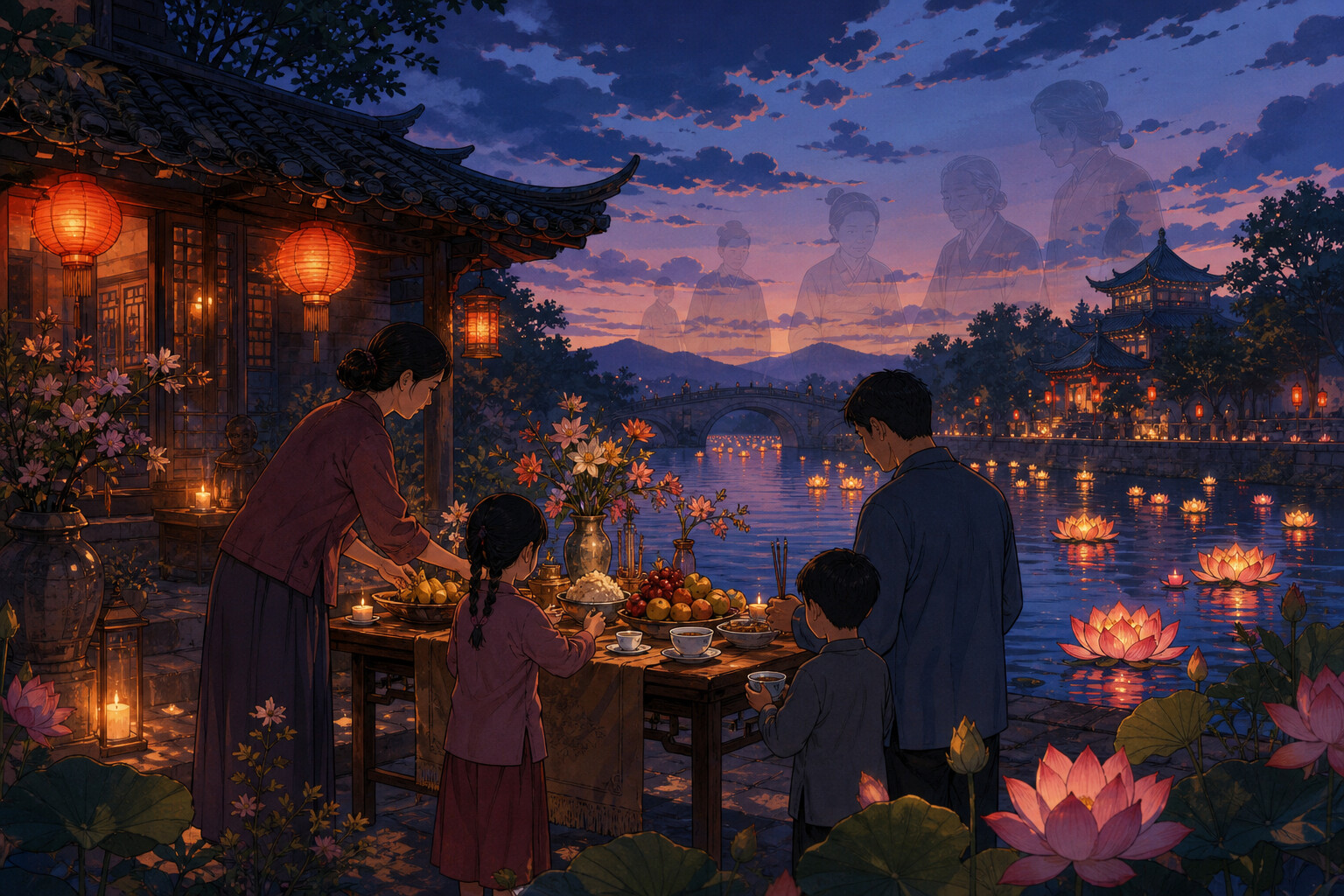 Chinese family placing Zhongyuan Festival offerings beside a river filled with glowing lotus lanterns as gentle ancestral figures appear in the evening sky