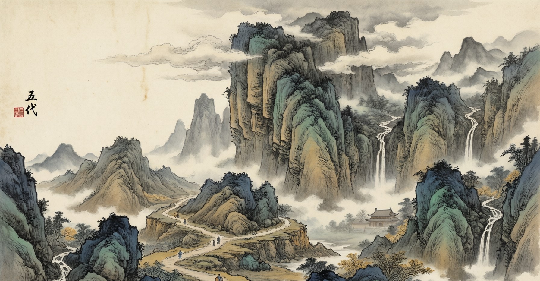 Misty mountains rising above fragmented kingdoms and warring armies, with a solitary painter contemplating the peaks, in the monumental landscape style of the Five Dynasties period