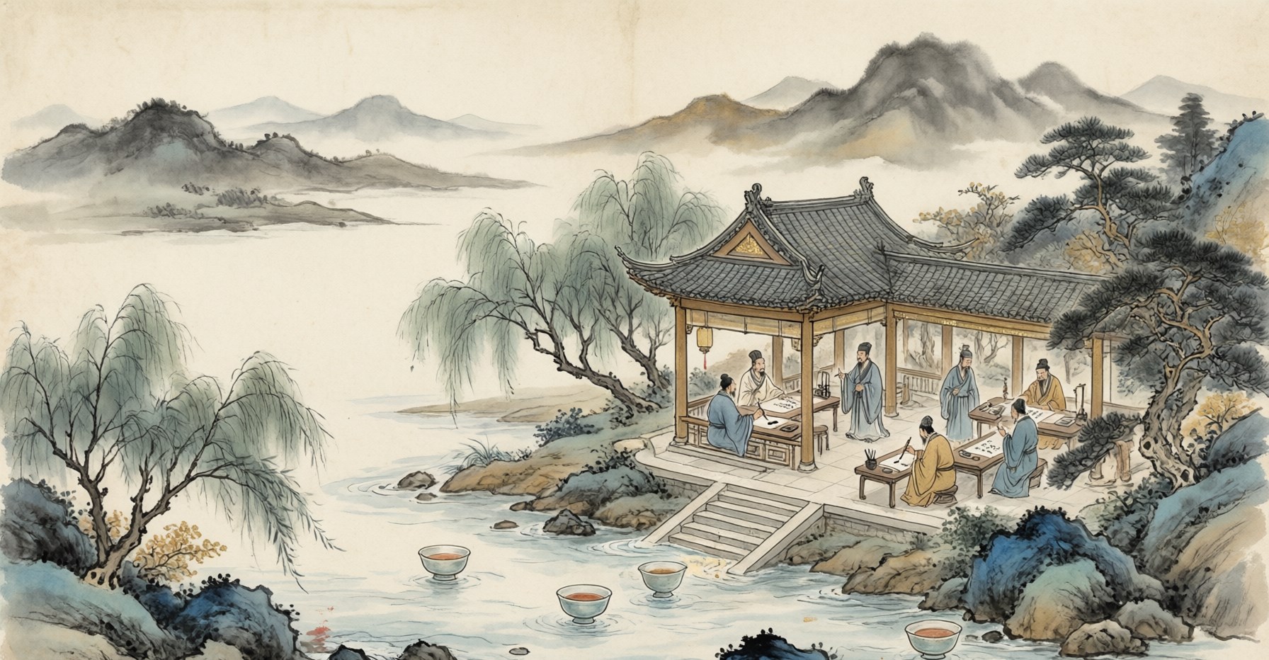 A scholar writing flowing calligraphy beside a winding stream among orchids and willows, evoking the refined literati culture of the Jin Dynasty, in traditional Chinese ink painting style