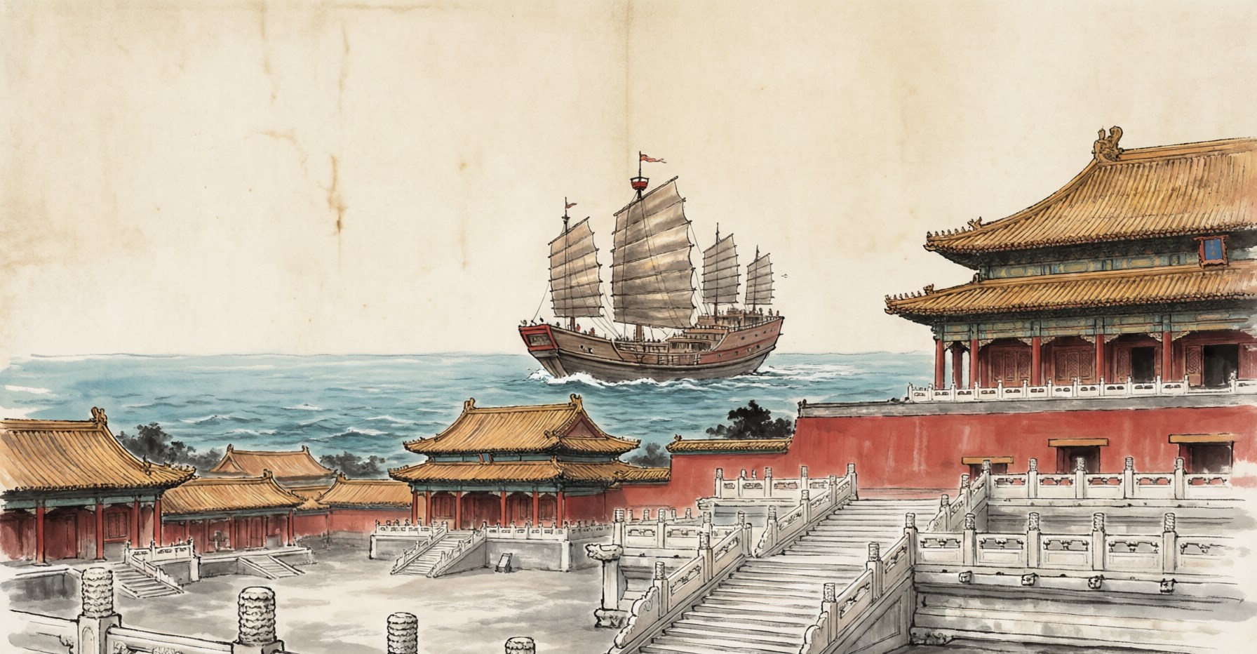 The Forbidden City and a great treasure ship at sea, evoking the Ming Dynasty, in traditional Chinese ink painting style