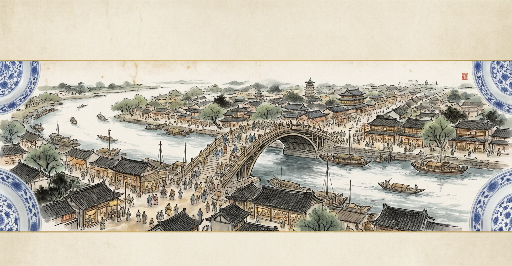 A riverside Song Dynasty city of tiled rooftops, boats, and a stone bridge, with celadon vessels and printed books in the foreground, in traditional Chinese ink painting style