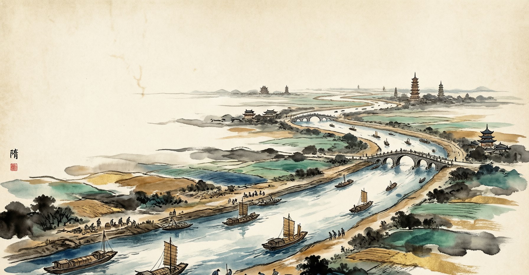 The Grand Canal winding past a great walled capital with barges and granaries, evoking the Sui Dynasty, in traditional Chinese ink painting style
