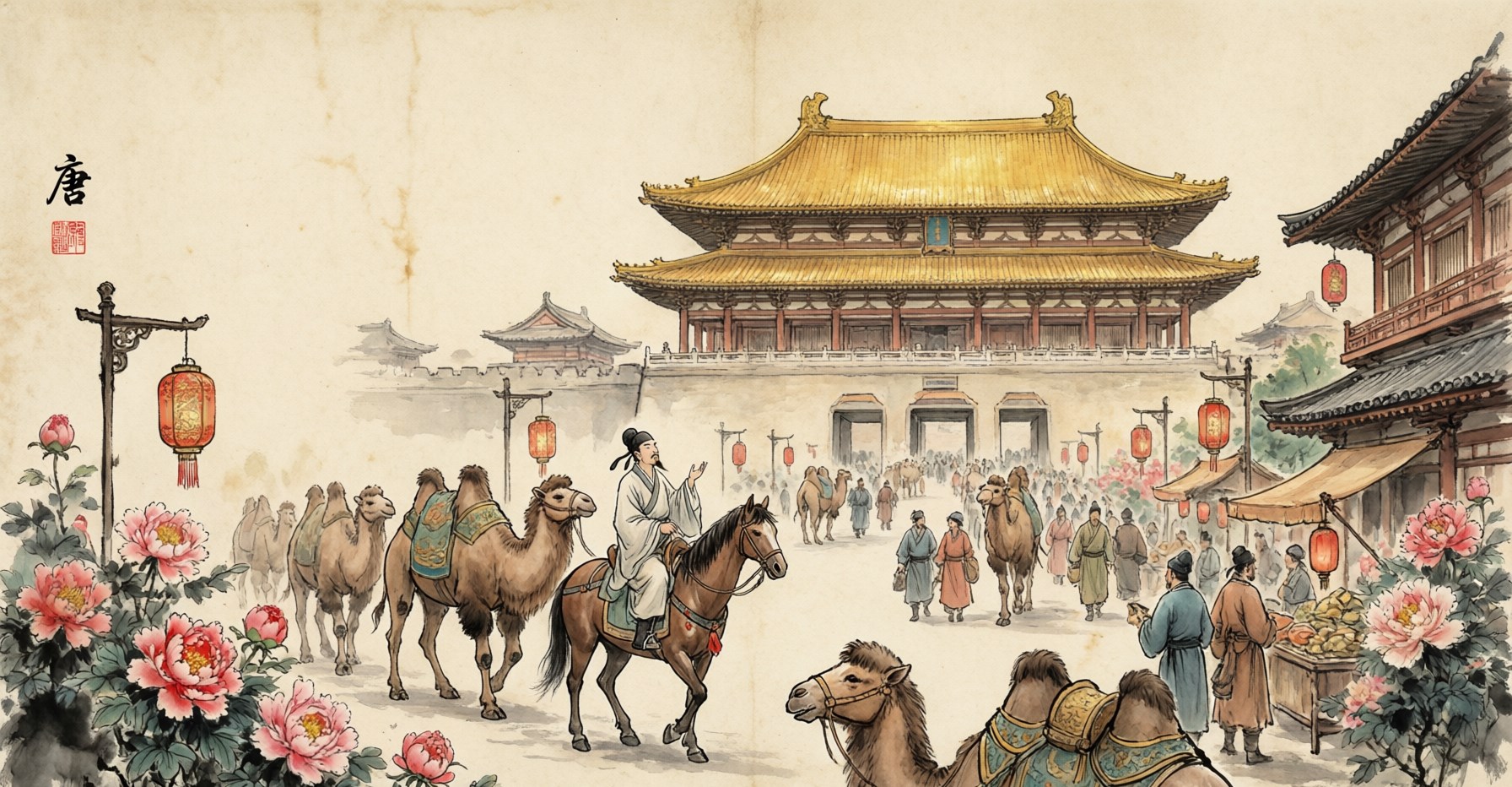 The great Tang capital Chang'an with its sweeping avenues, pagodas, and caravans arriving along the Silk Road, rendered in luminous traditional Chinese painting style