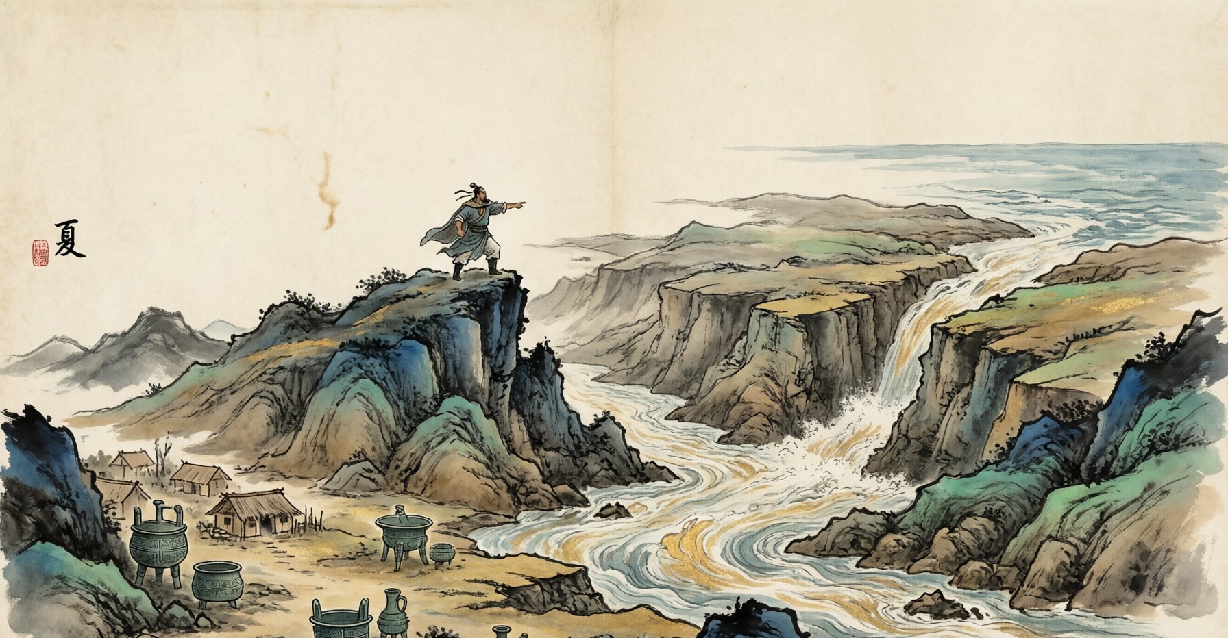 Yu the Great taming the floods with workers and rivers beneath a vast sky, evoking the Xia Dynasty, in traditional Chinese ink painting style