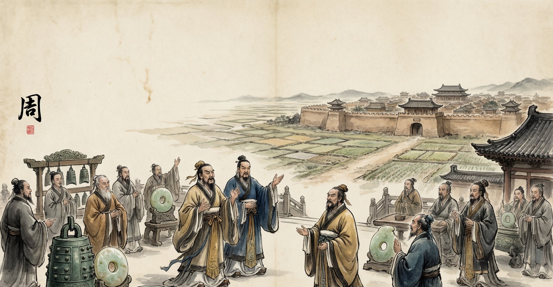 Bronze ritual vessels, feudal lords, and scholars debating beneath ancient pines, evoking the Zhou Dynasty, in traditional Chinese ink painting style