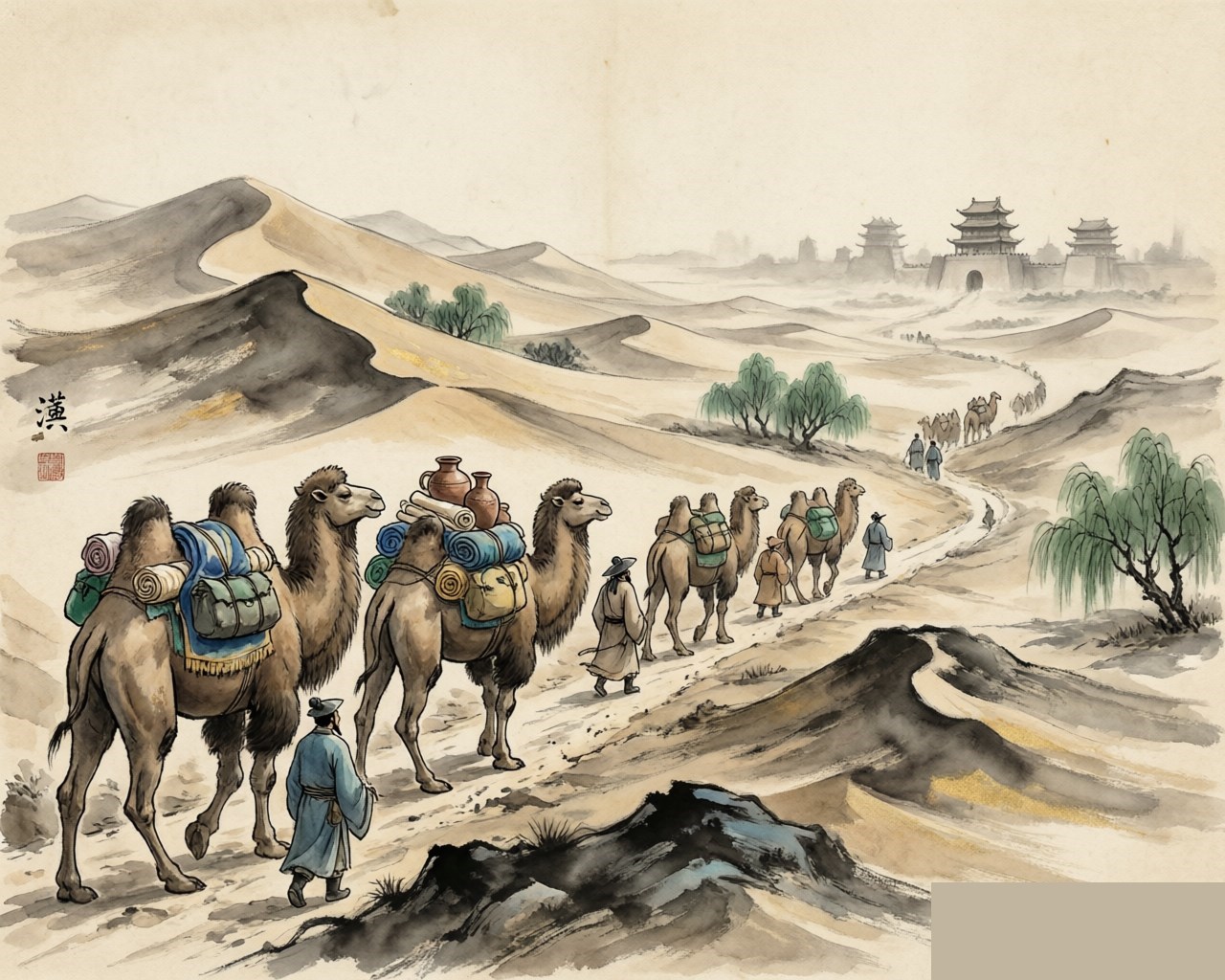 A Silk Road caravan of camels crossing dunes toward a distant Han watchtower, with scholars and scrolls, in traditional ink-wash style