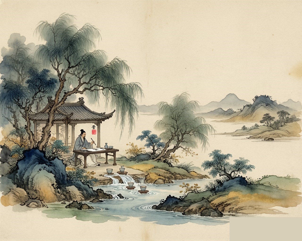 A scholar composing calligraphy at a riverside gathering beneath willows and orchids, evoking the Orchid Pavilion Gathering of the Jin Dynasty, in traditional ink-wash style