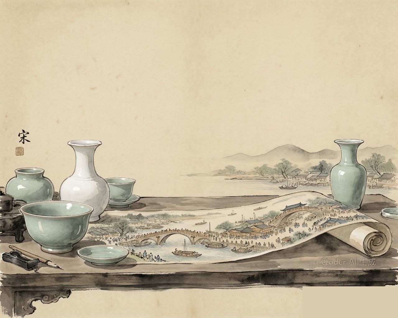 Ink-wash evocation of the Song Dynasty: celadon porcelain and a riverside scroll