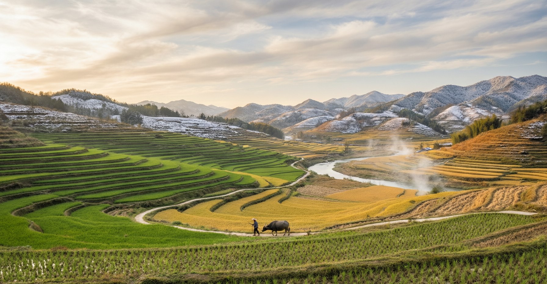Terraced fields and countryside shifting through the four seasons under a luminous sky, evoking the rhythm of the Twenty-Four Solar Terms