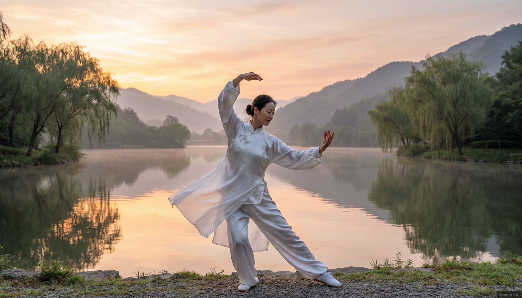 A woman practicing tai chi alone beside a lake at sunrise, her arms tracing slow arcs