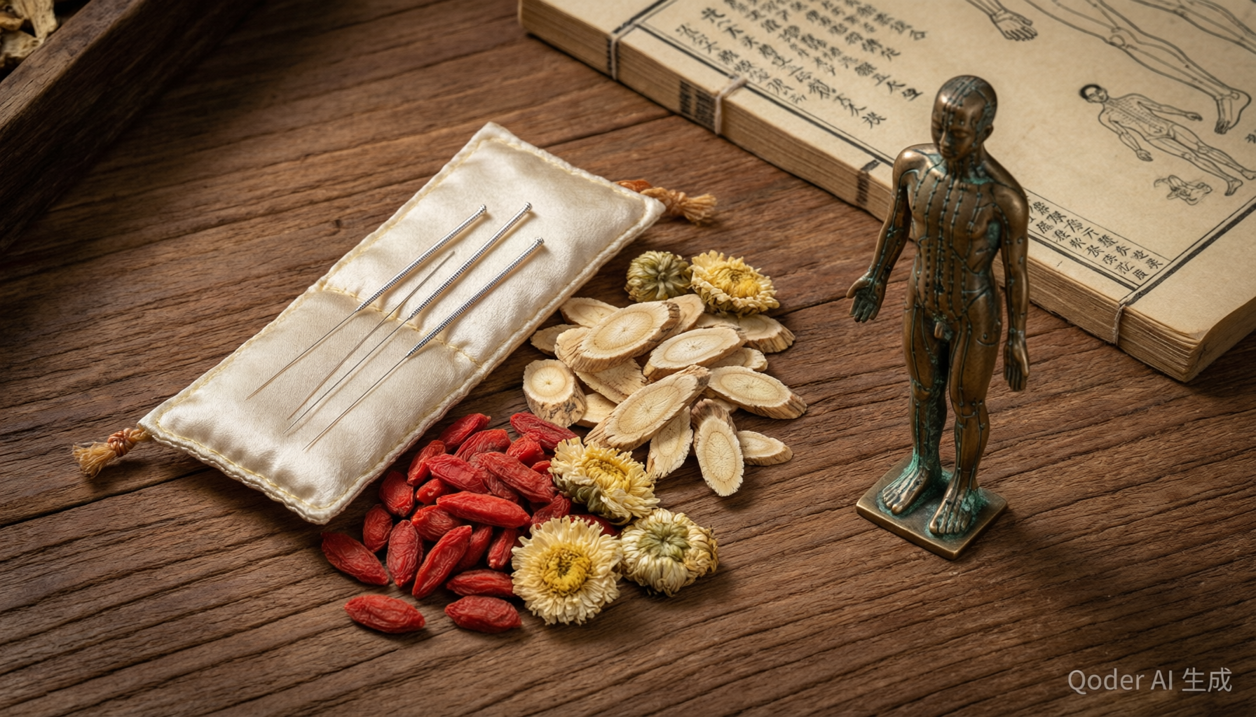 Traditional Chinese medicine herbs, acupuncture needles, and a bronze meridian figure