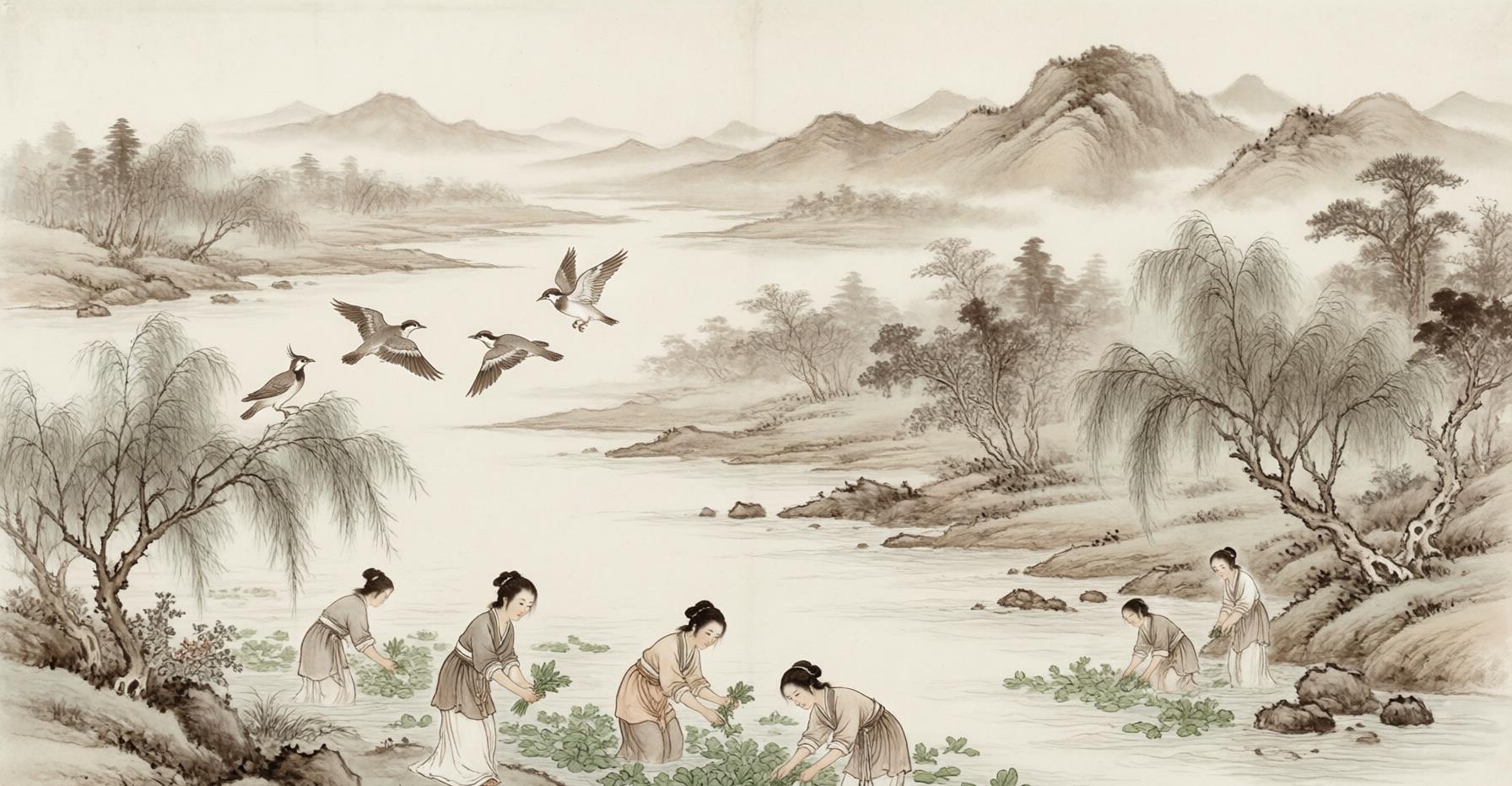 Misty river landscape evoking the world of the Book of Songs — millet fields, riverbanks, and the ancient northern Chinese plain