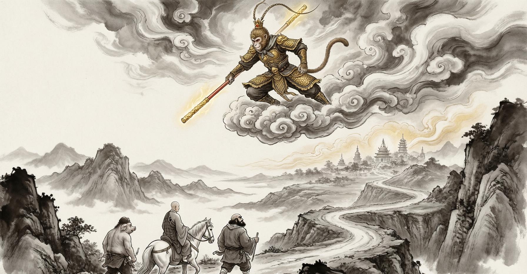 Sun Wukong the Monkey King astride a cloud, golden staff in hand, surveying a landscape of mountains and demons below