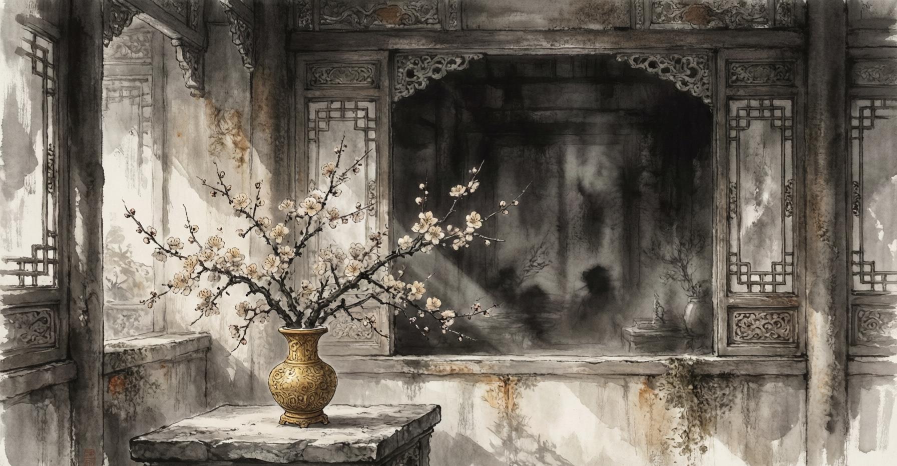 An ornate Ming Dynasty golden vase with plum blossoms, evoking the novel's title and its world of domestic luxury and moral decay