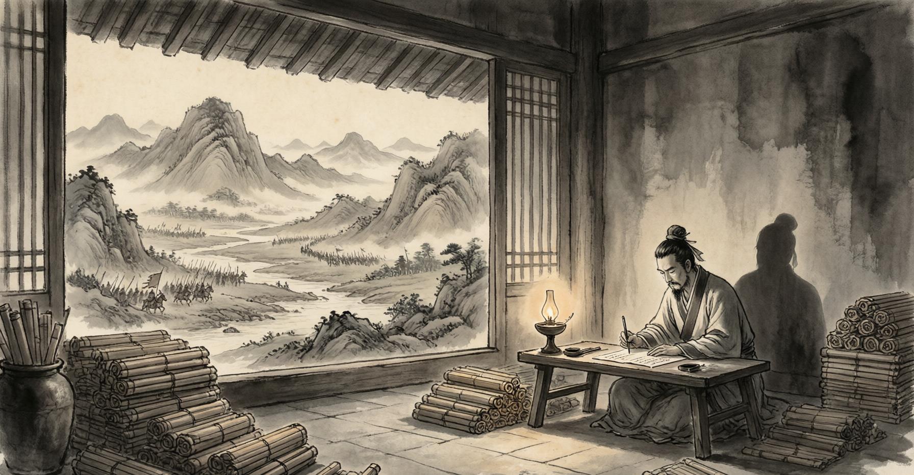 Ancient bamboo scroll manuscripts arranged beside a bronze ink stone, evoking the Han Dynasty court where Sima Qian composed his masterwork