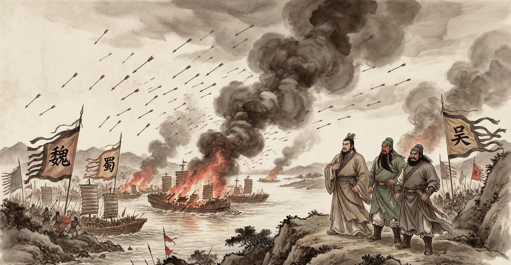 A sweeping ink-wash panorama of ancient Chinese armies clashing along a river gorge, with war banners and burning ships at Red Cliffs