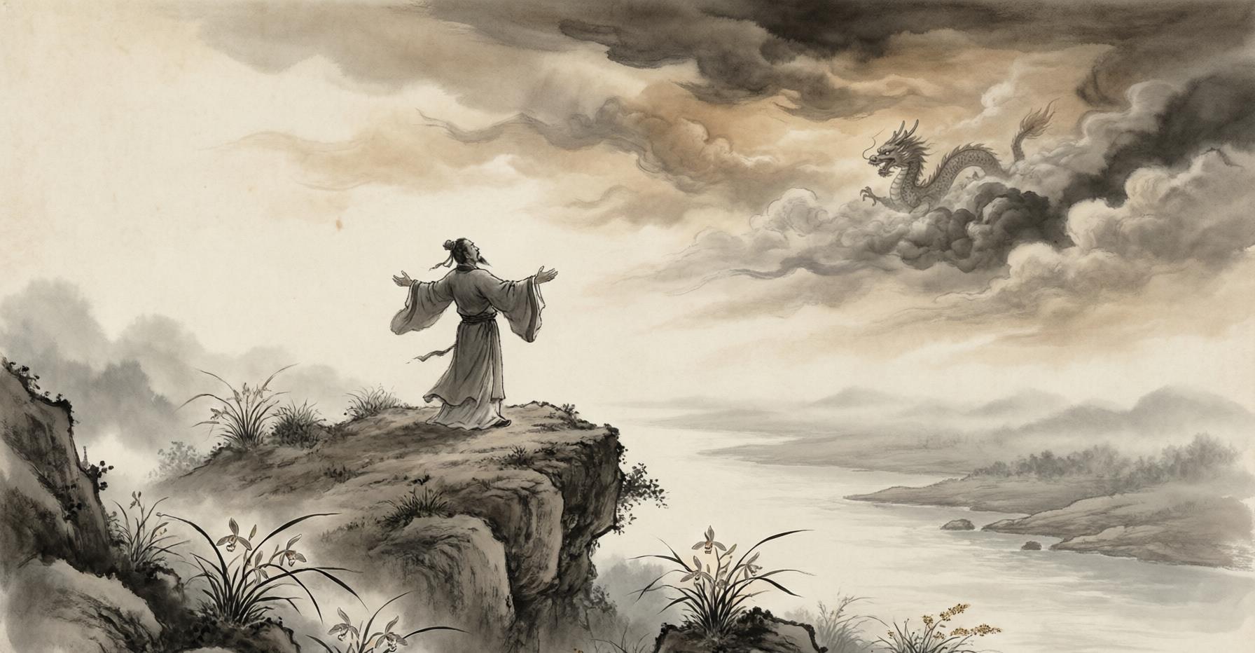 Lush southern waterways and mist-shrouded mountains evoking the shamanic landscape of the Songs of Chu