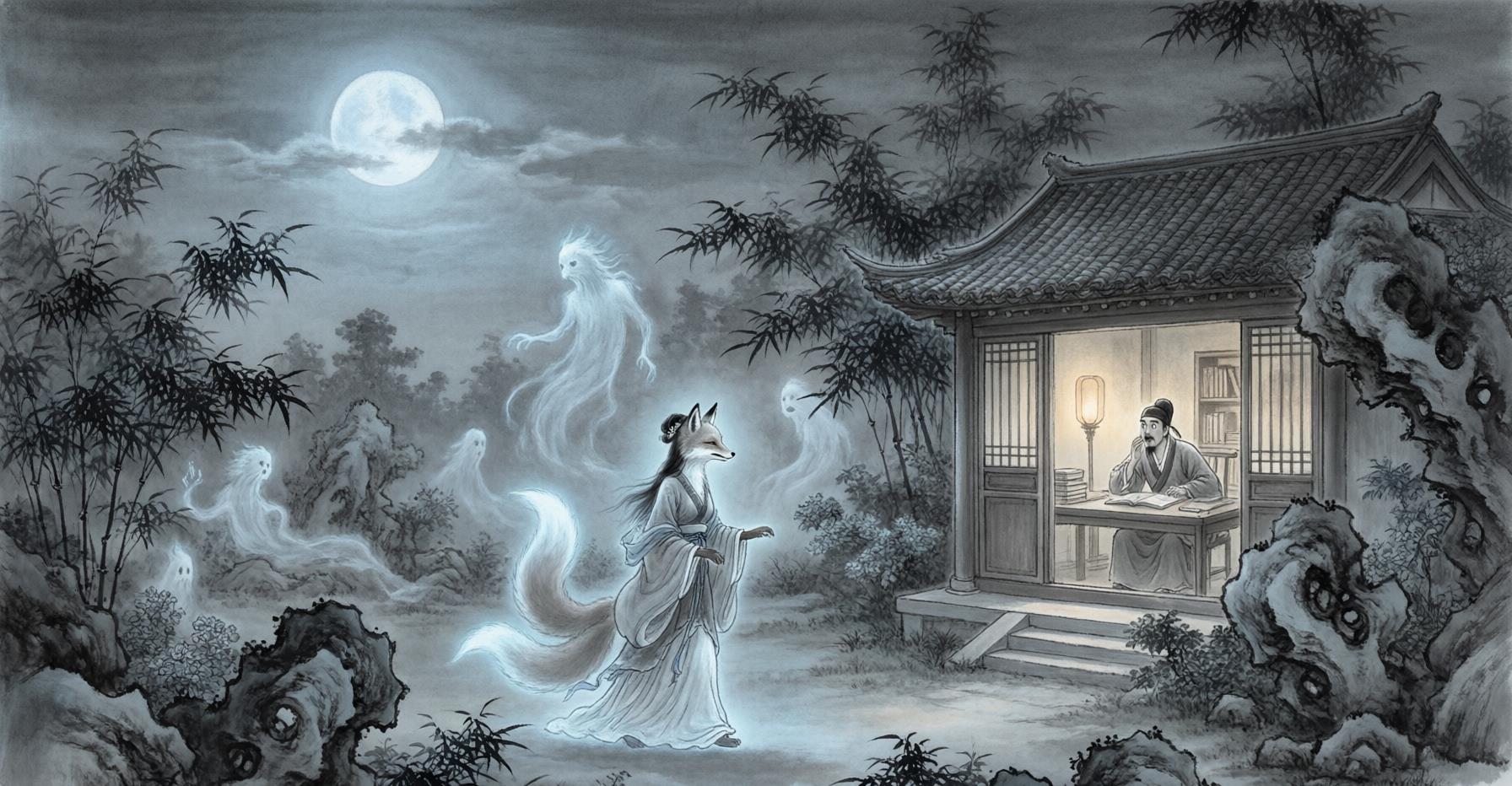 A moonlit Chinese scholar's studio surrounded by mist, with the suggestion of a fox spirit's silhouette among the trees, evoking the supernatural world of Liaozhai Zhiyi