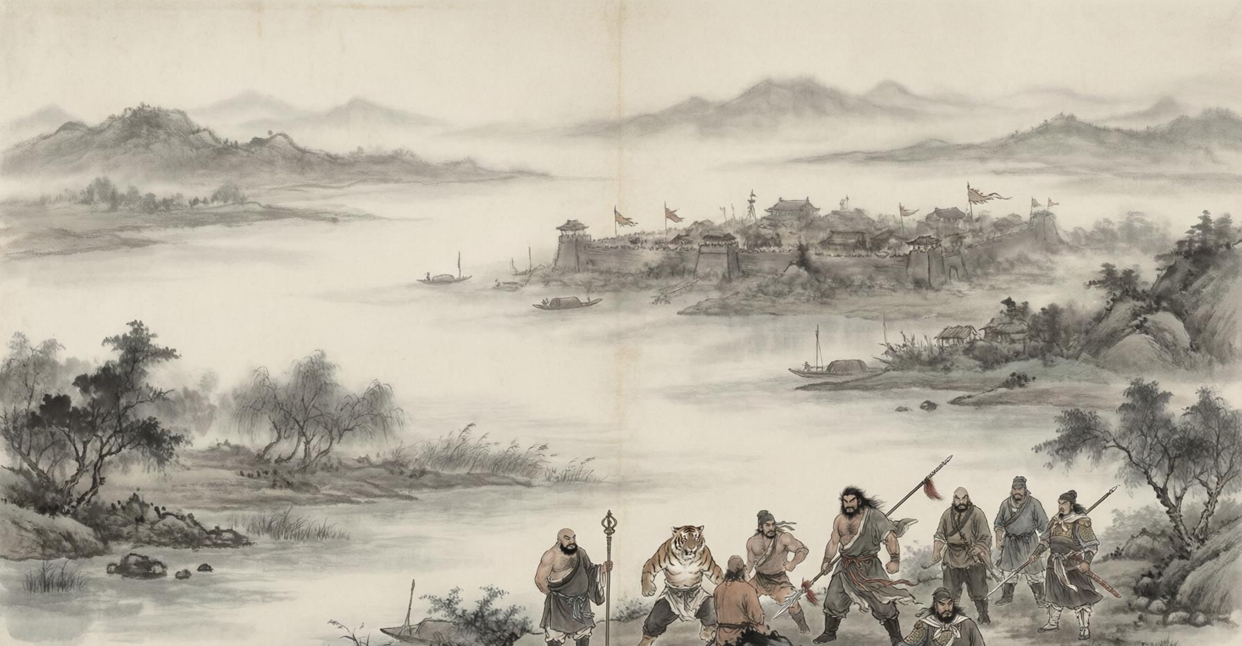 Dramatic illustration of the 108 heroes gathered at Liangshan Marsh, banners flying over the mountain stronghold