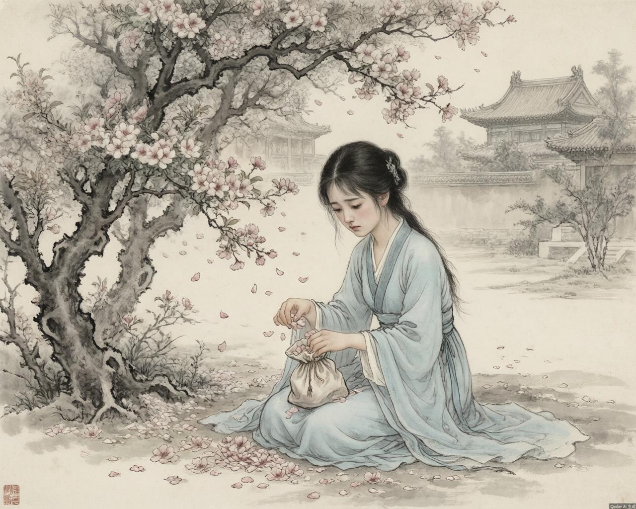 A grand garden pavilion with blossoming trees evoking Dream of the Red Chamber