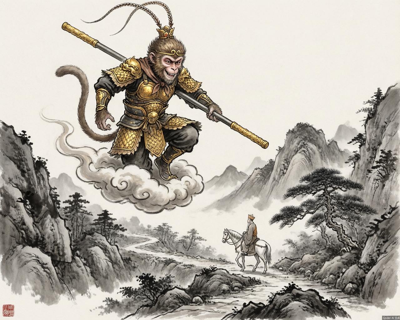 A monkey warrior on a cloud evoking Journey to the West