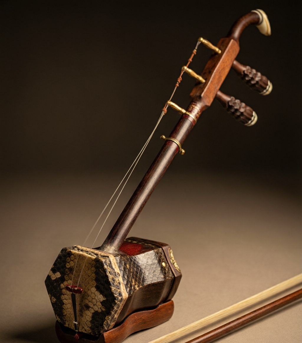 A two-stringed erhu fiddle with a small resonating body