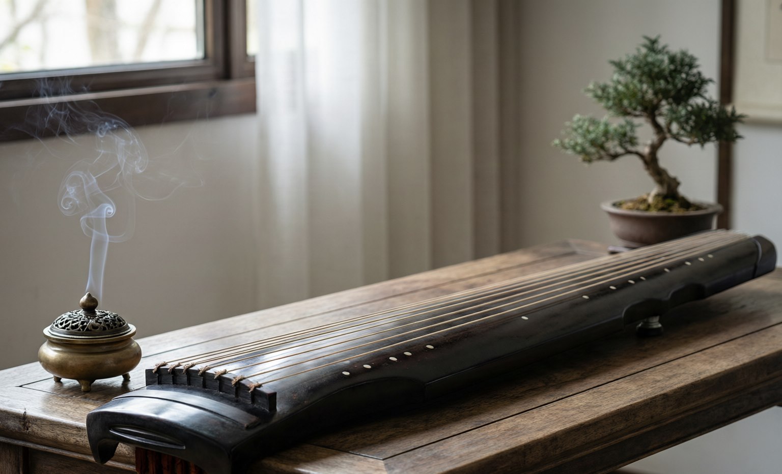 A seven-stringed guqin zither resting on a wooden table