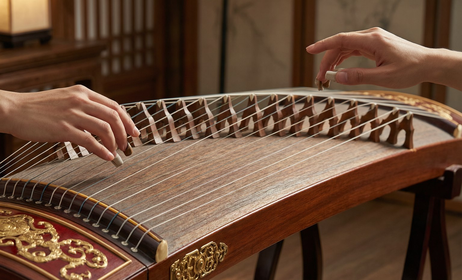 A guzheng zither with twenty-one strings and movable bridges
