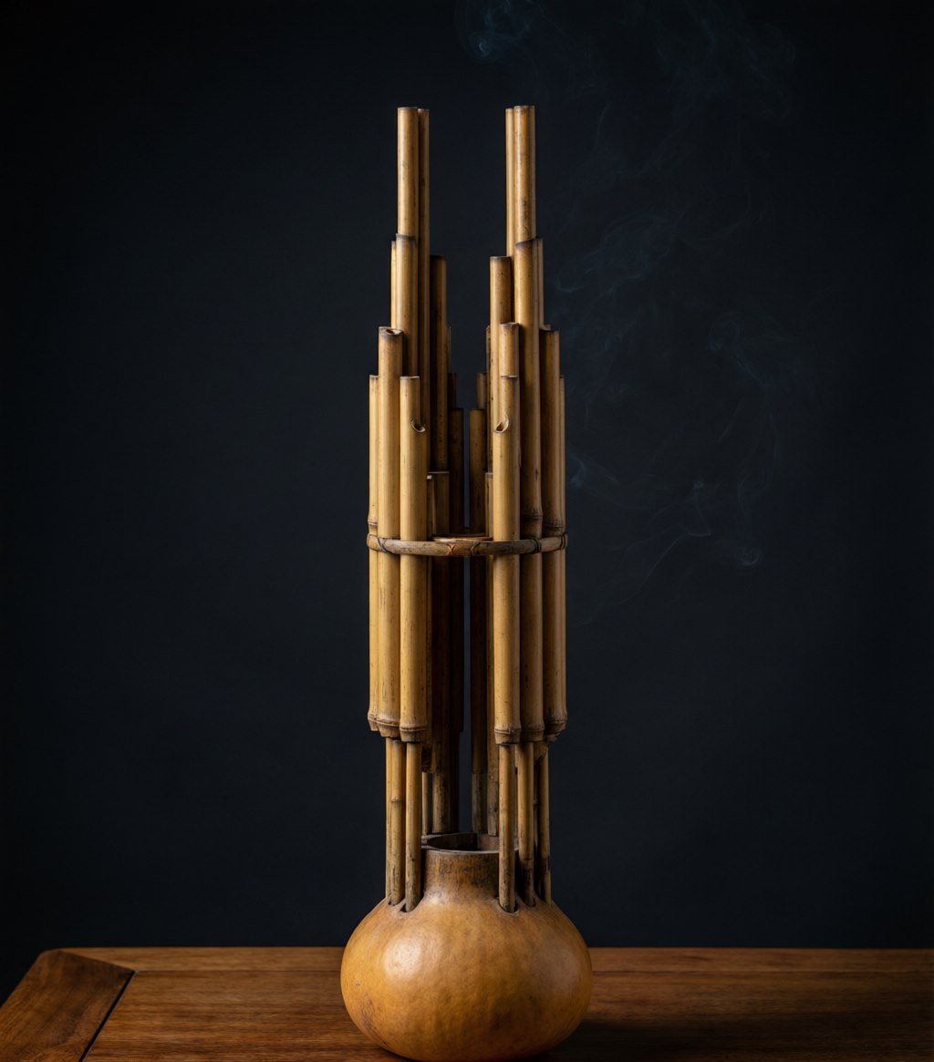 A sheng mouth organ with vertical pipes rising from a wind chamber