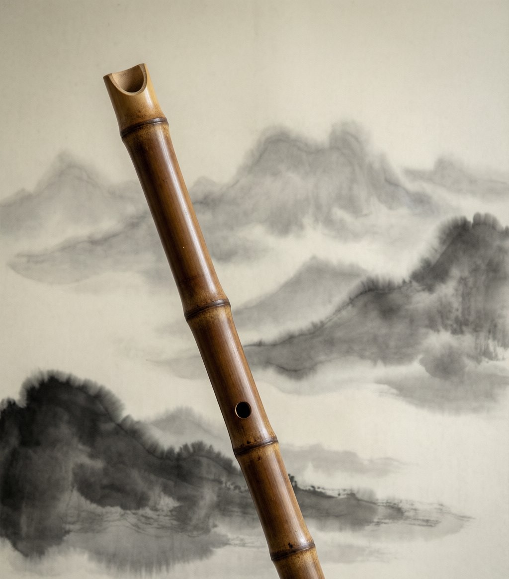 A vertical end-blown xiao flute of dark bamboo