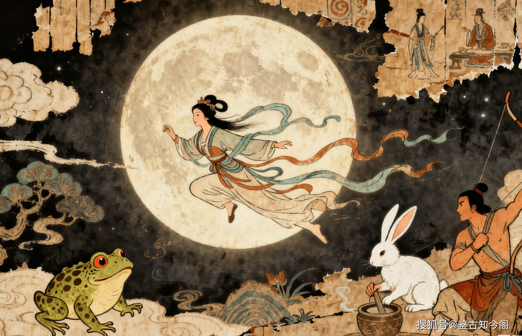 Chang'e ascending to the luminous full moon, her silk ribbons trailing behind her in the night sky
