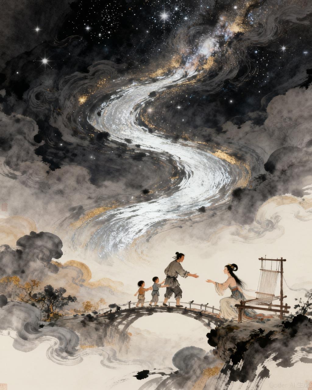 Ten thousand magpies forming a bridge across the starry Milky Way as Zhinü and Niulang rush toward each other