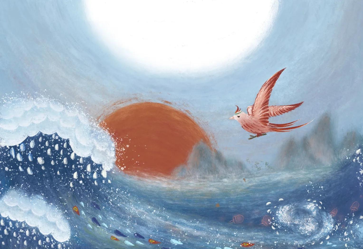 The Jingwei bird carrying pebbles to fill the eastern sea
