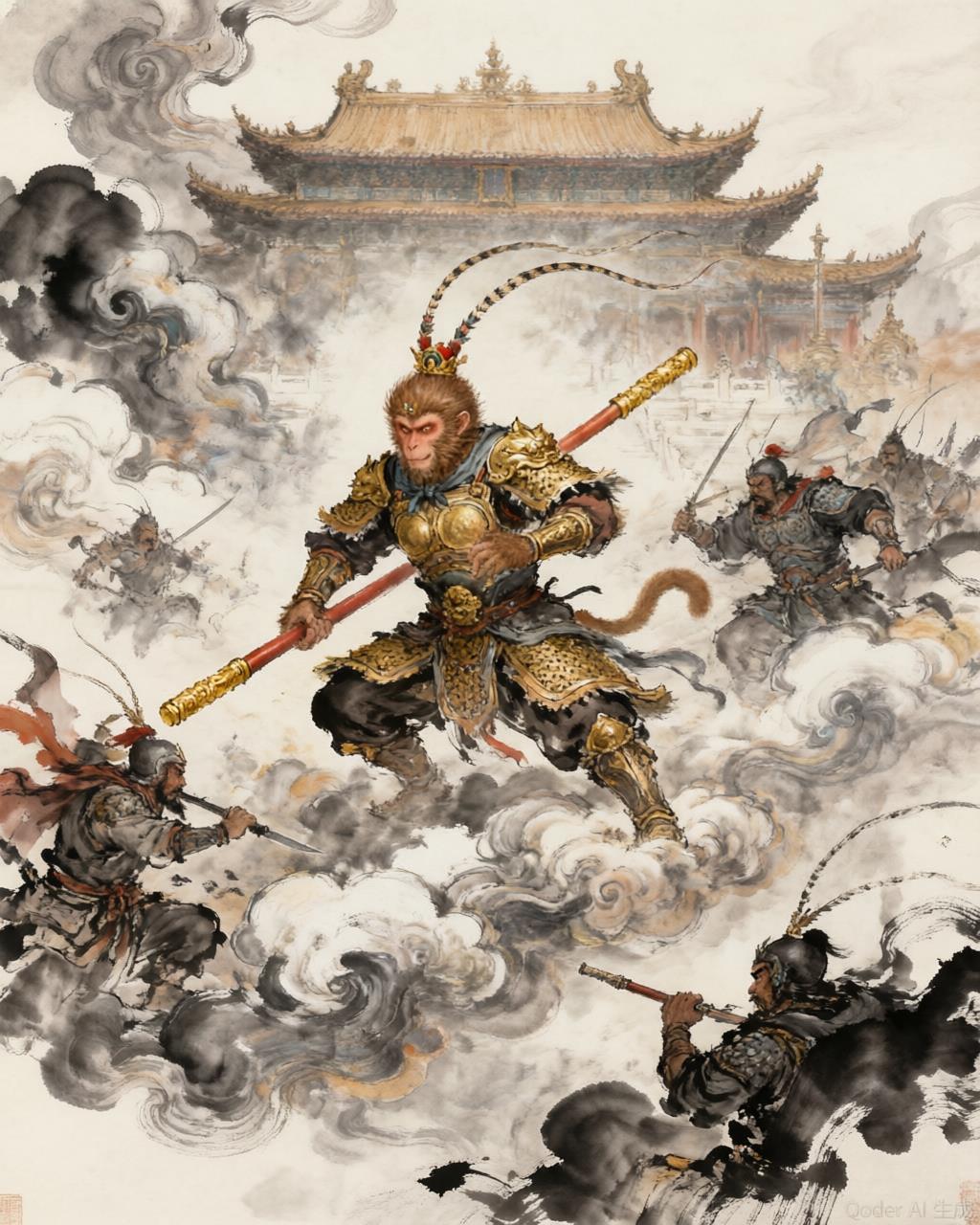 Sun Wukong wielding his golden staff against waves of celestial soldiers amid swirling clouds and divine fire