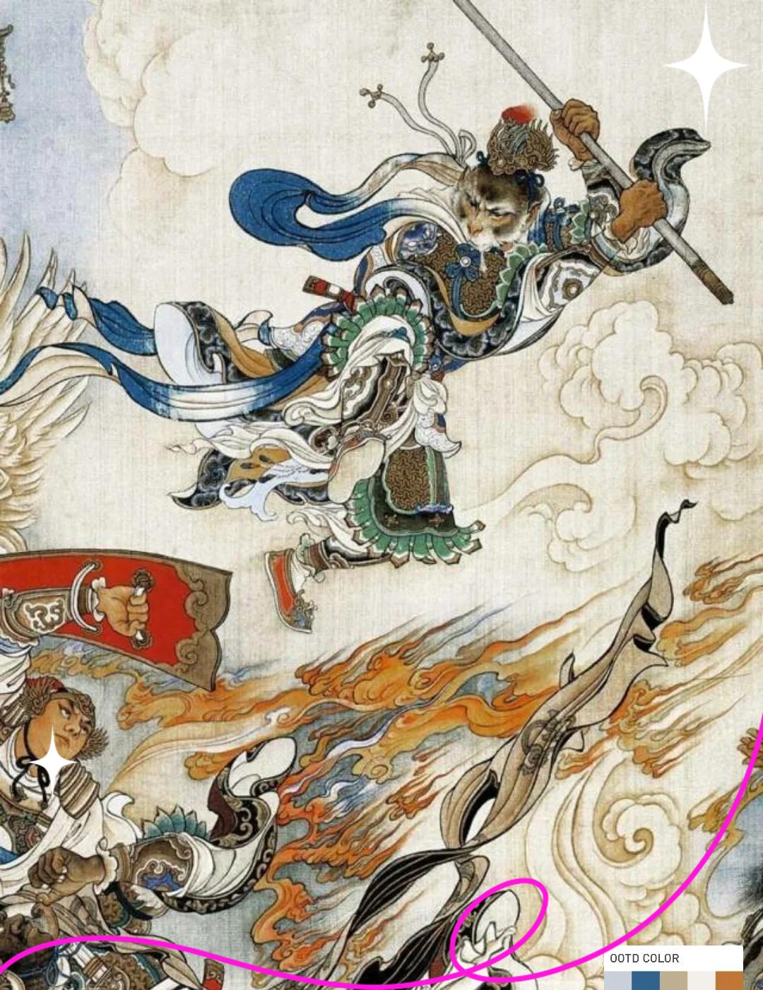 Sun Wukong the Monkey King standing defiant atop a cloud, golden staff raised against an army of celestial soldiers