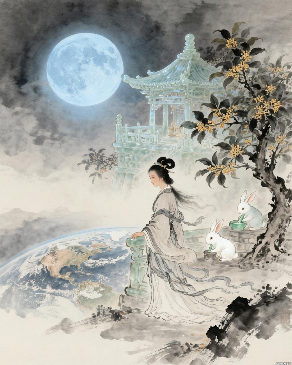 The Guanghan Palace on the moon, rendered in traditional Chinese painting style with jade pavilions and cassia trees