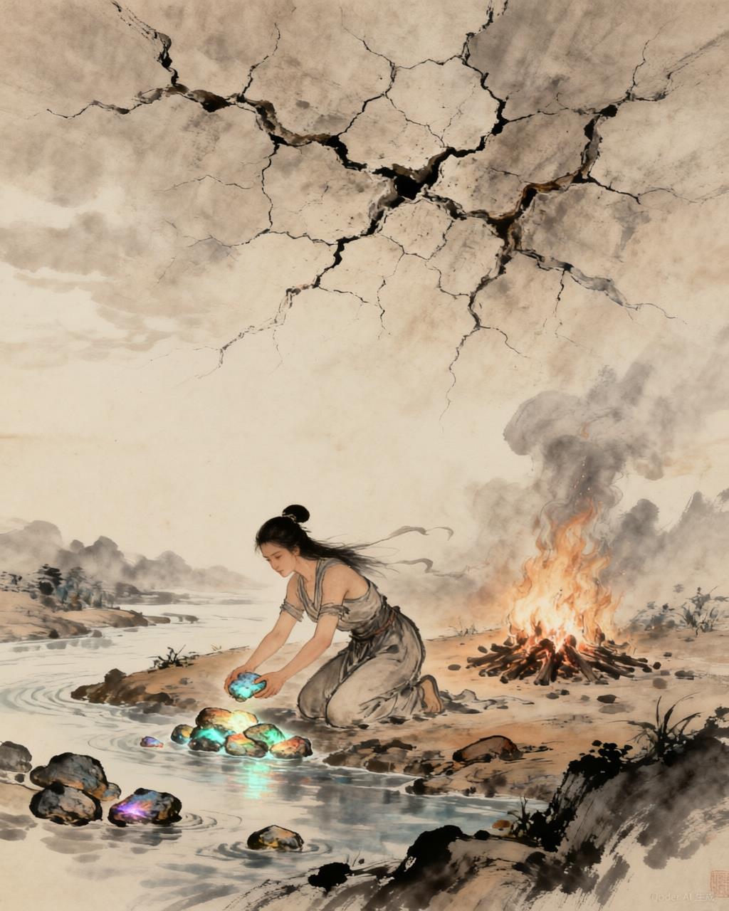 Nüwa gathering five-colored stones from the riverbeds and mountainsides to mend the broken sky