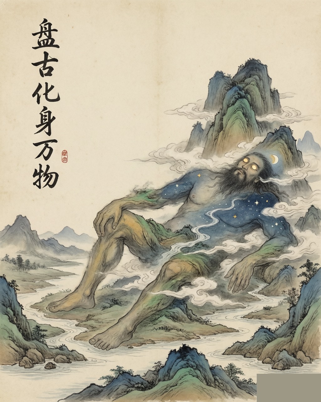 Traditional illustration showing Pangu's body transforming into the natural world — mountains from his limbs, rivers from his blood, stars from his hair