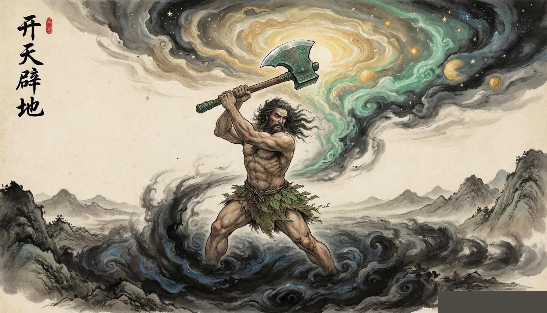 Pangu splitting heaven and earth in the primordial chaos, illustrated in traditional Chinese ink painting style