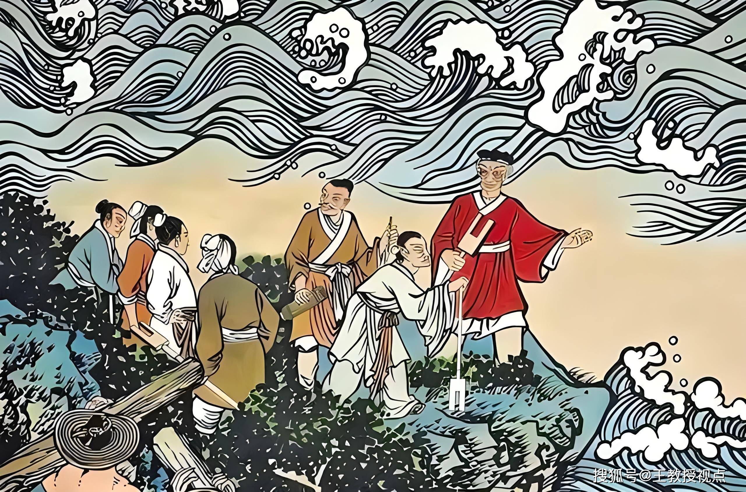 Yu the Great standing atop a cliff overlooking churning floodwaters, directing workers who carve channels through the mountainside