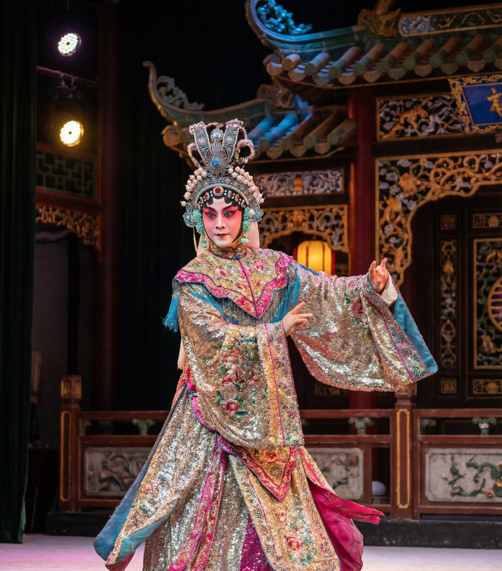 A Cantonese opera performer in an elaborate sequined costume and ornate headdress, the glittering splendor of southern Chinese theater on full display