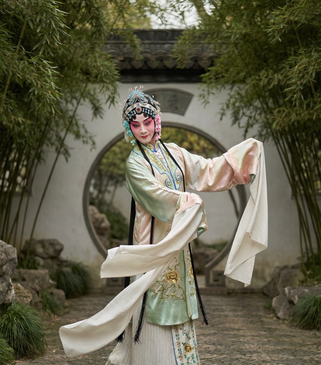 A Kunqu performer in flowing water sleeves and an ornate headdress, mid-gesture in a garden setting