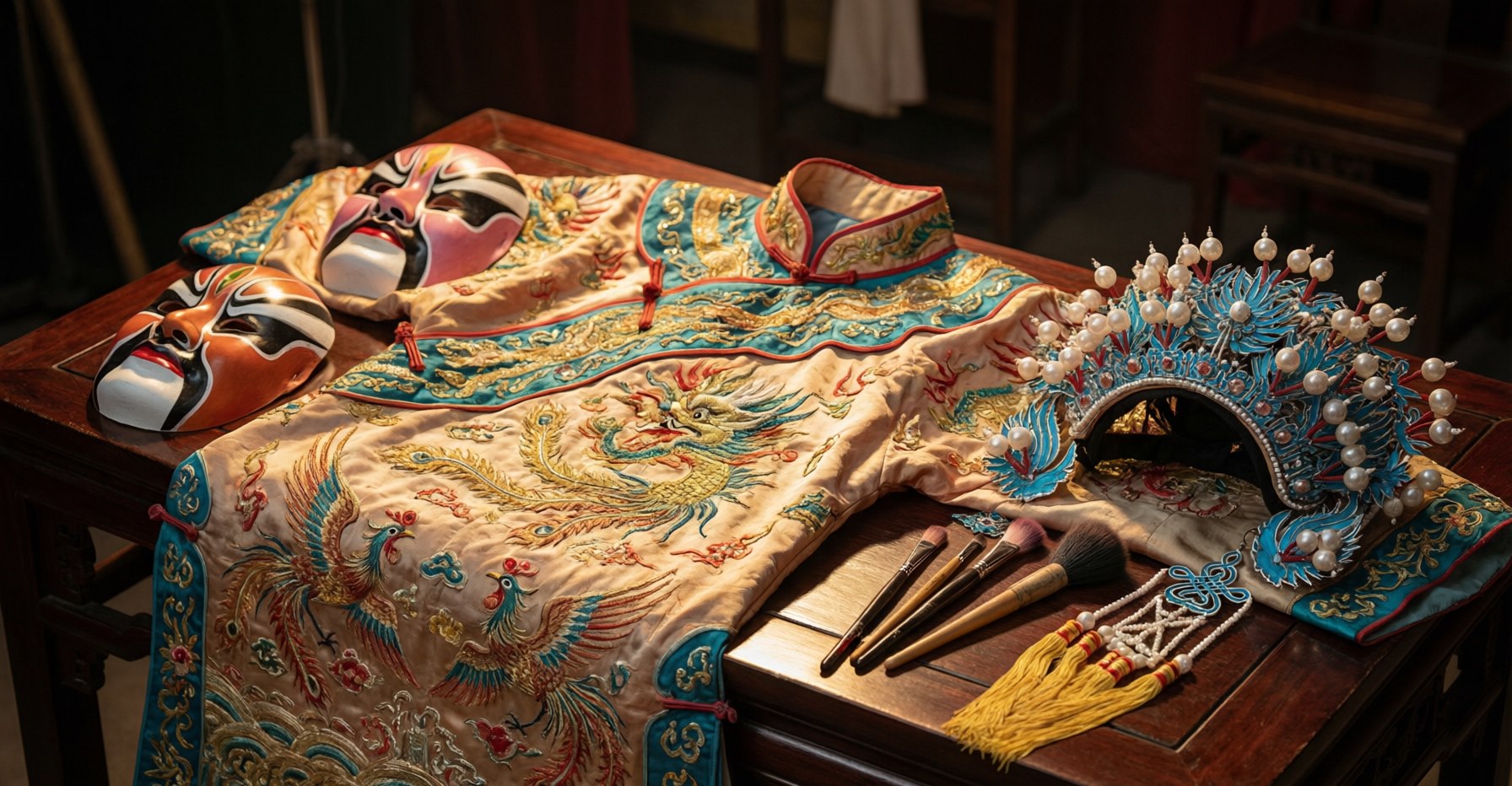 Chinese opera masks, embroidered costumes and an ornate headdress under stage light
