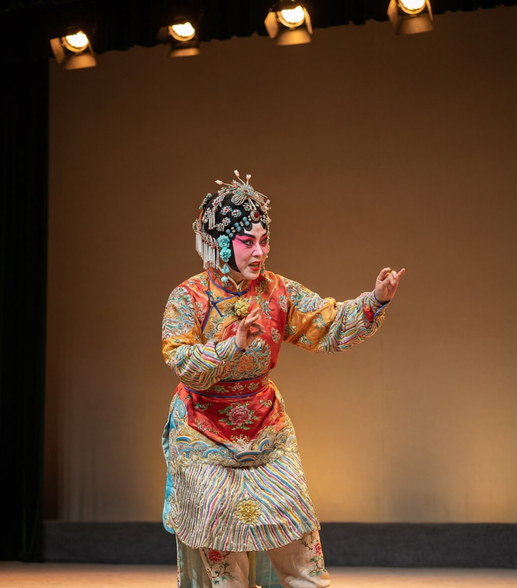 A Pingju performer in plain, elegant costume mid-gesture, the soft naturalism of the people's opera evident in her relaxed, expressive stance