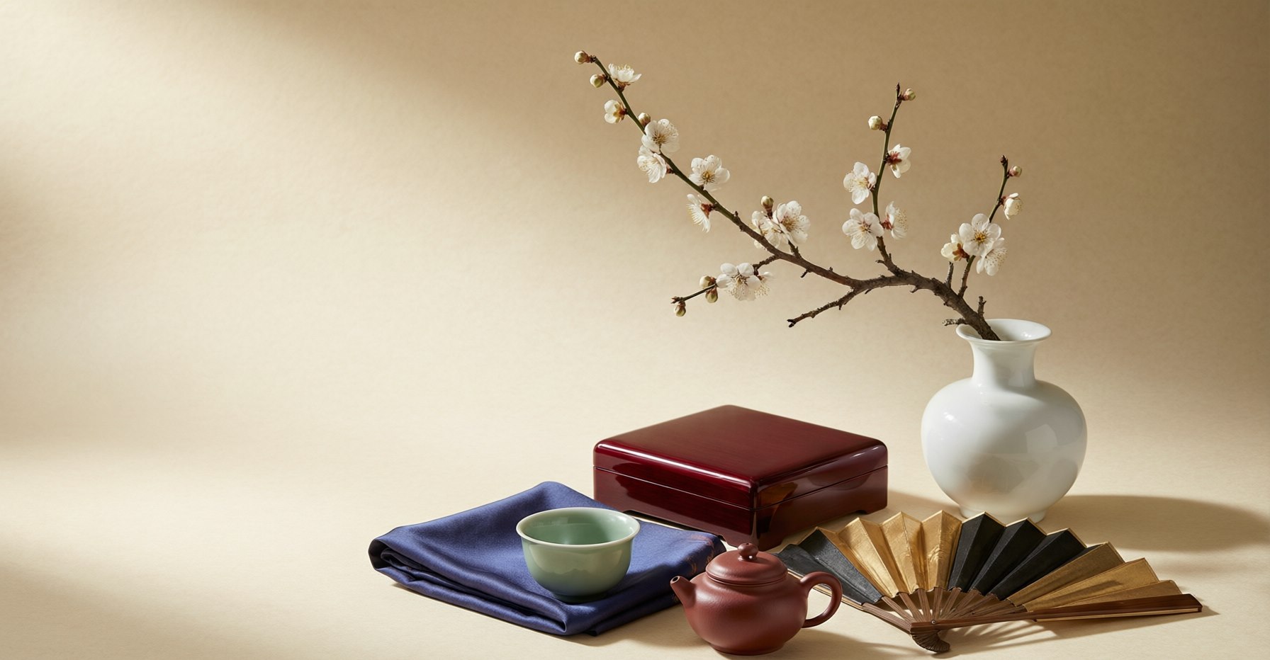 A curated still life of premium Chinese cultural goods — celadon tea cup, Yixing teapot, indigo silk, lacquerware, and a plum blossom branch