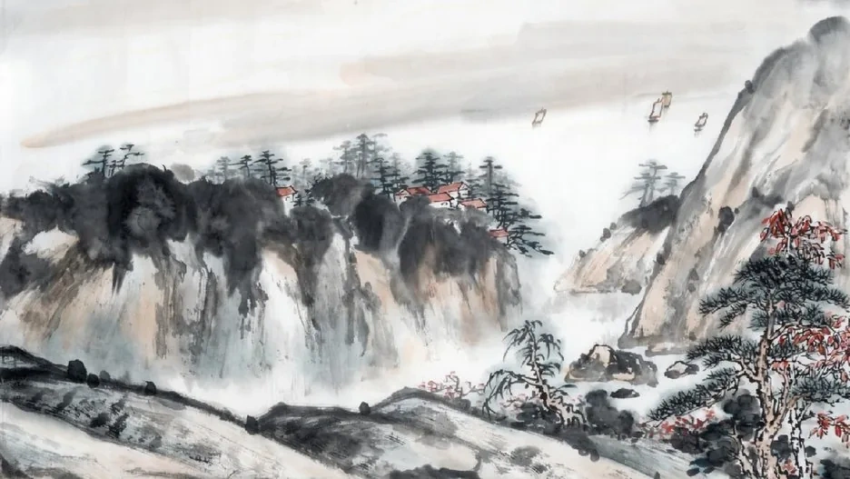 Misty mountains rendered in flowing black ink wash, peaks dissolving into white emptiness