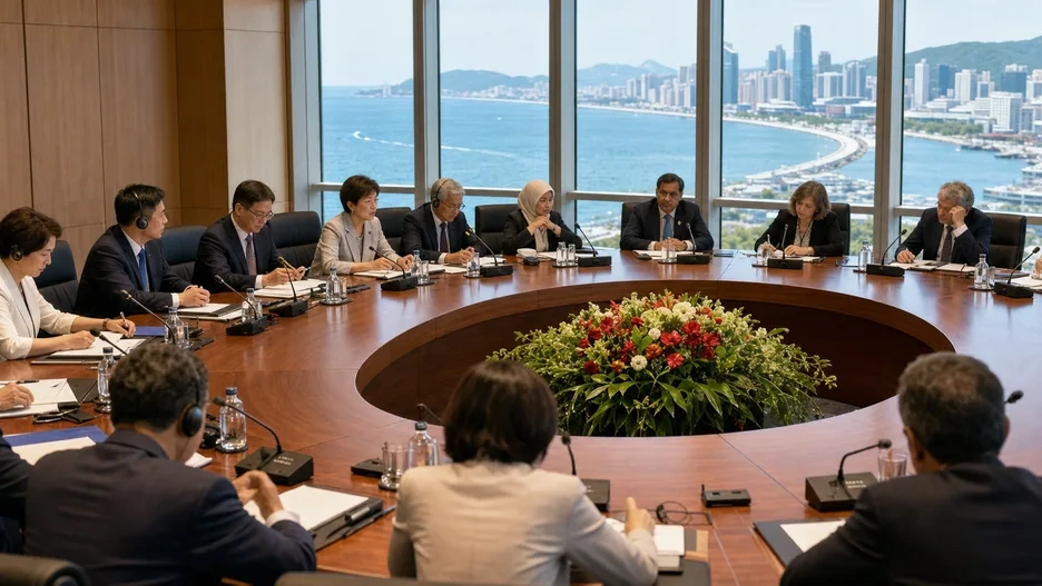 International senior officials in a working meeting overlooking Dalian's coast