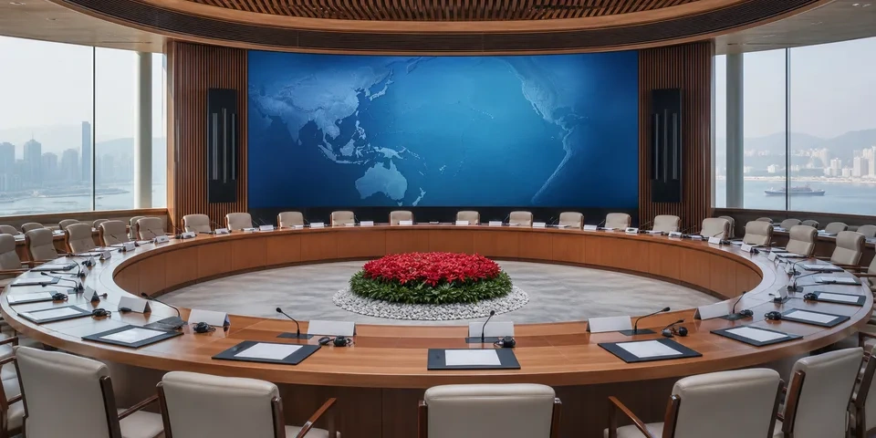 A prepared Asia-Pacific conference room with an oval table and a Pacific map